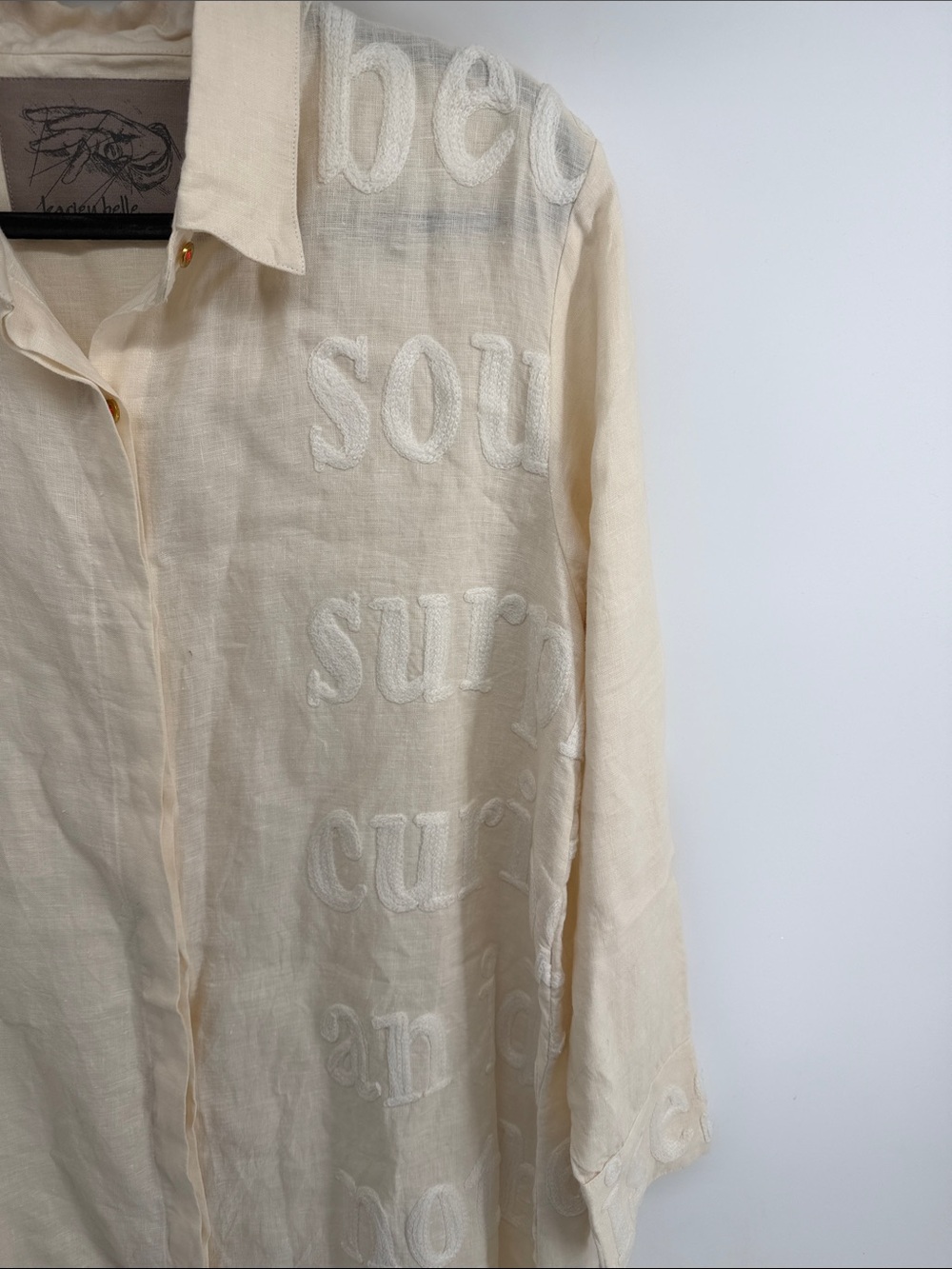 Karien Belle 100% linen embroider long sleeve button up hi low tunic dress NWOT - Picture 3 of 8
